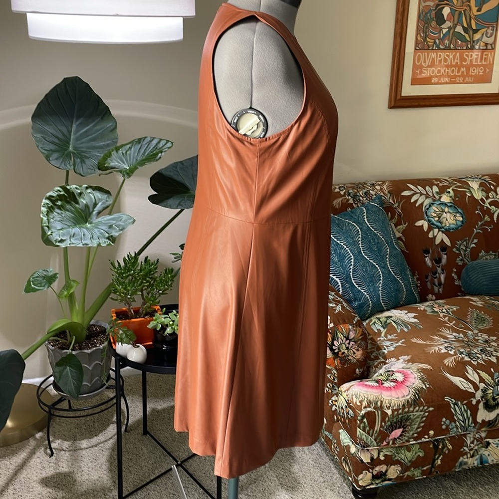 Ann Taylor Loft Cognac Brown Sleeveless Faux Leather Flare Dress - Size 12 - Picture 10 of 12